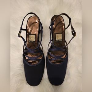 VINTAGE NINA NAVY BLUE SATIN STRAPPY CRISSCROSS HEELS